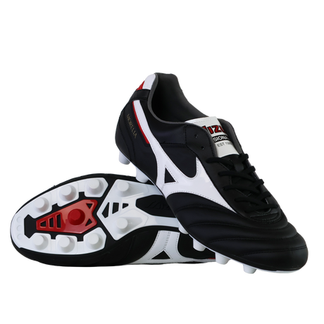 A pair of Mizuno Morelia II Elite FG football boots in Black/White/Red—one flat showing the sole, the other upright.