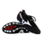 A pair of Mizuno Morelia II Elite AG soccer cleats in black, white, and red—one upright and one showing its sole with white studs—crafted by Mizuno for elite performance.