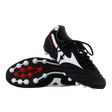 A pair of Mizuno Morelia II Elite AG soccer cleats in black, white, and red—one upright and one showing its sole with white studs—crafted by Mizuno for elite performance.