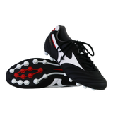 A pair of Mizuno Morelia II Elite AG soccer cleats in black, white, and red—one upright and one showing its sole with white studs—crafted by Mizuno for elite performance.