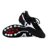 A pair of Mizuno Morelia II Elite AG soccer cleats in black, white, and red—one upright and one showing its sole with white studs—crafted by Mizuno for elite performance.