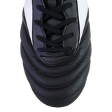 Close-up of the toe and laces on the Mizuno Morelia II Elite AG rugby boot in Black/White/Red, showcasing stitched detailing and premium kangaroo leather by Mizuno.