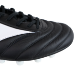 Close-up of the toe and laces of a black, white, and red Mizuno Morelia II Elite AG soccer cleat, highlighting kangaroo leather stitching detail and white sole studs.