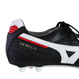 A close-up side view of the Mizuno Morelia II Elite AG rugby boot in black, white, and red with white studs, premium kangaroo leather, and “MORELIA” in gold.