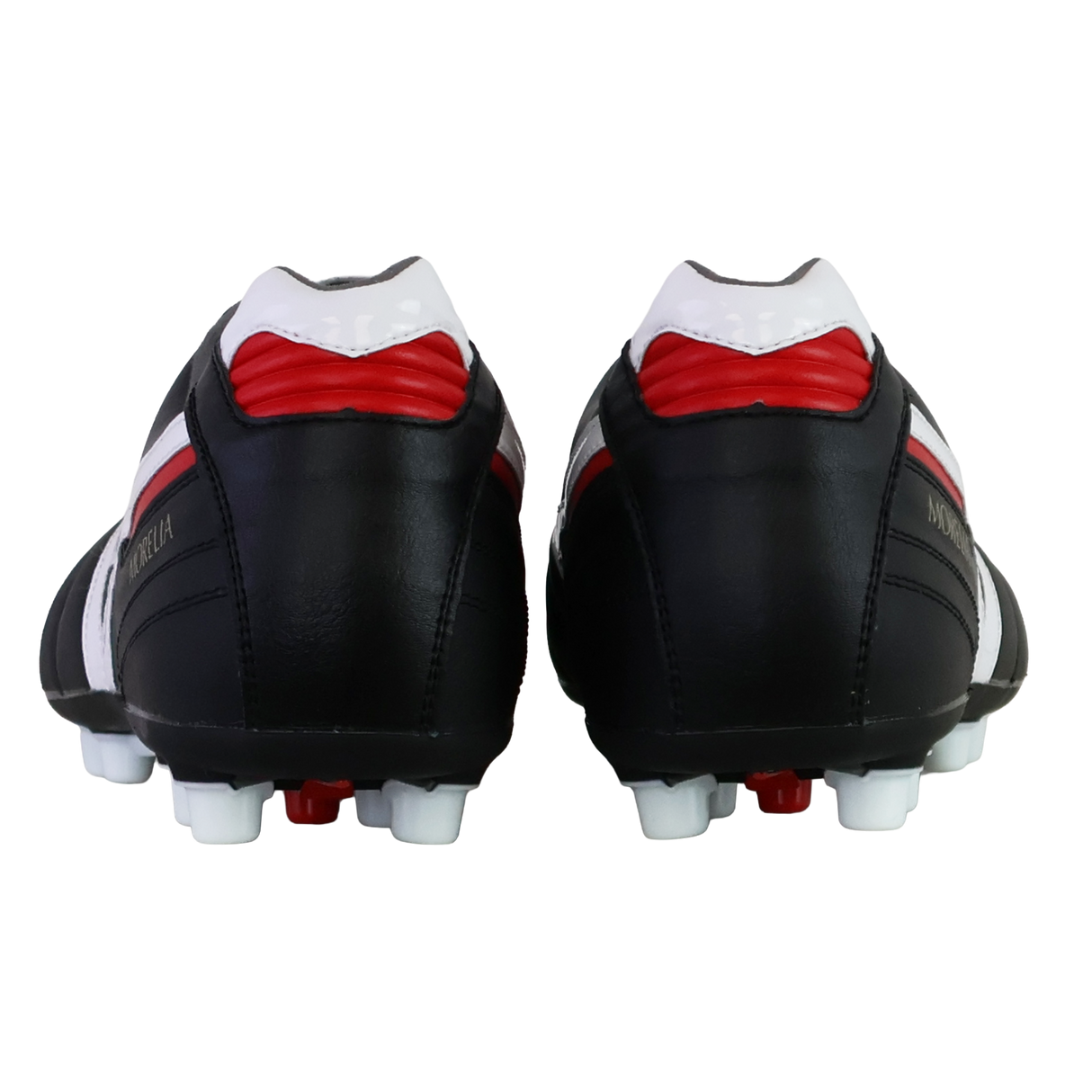 The Mizuno Morelia II Elite AG soccer cleats in black, white, and red feature heel detailing and studs seen from the back, crafted from premium kangaroo leather.