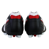 The Mizuno Morelia II Elite AG soccer cleats in black, white, and red feature heel detailing and studs seen from the back, crafted from premium kangaroo leather.