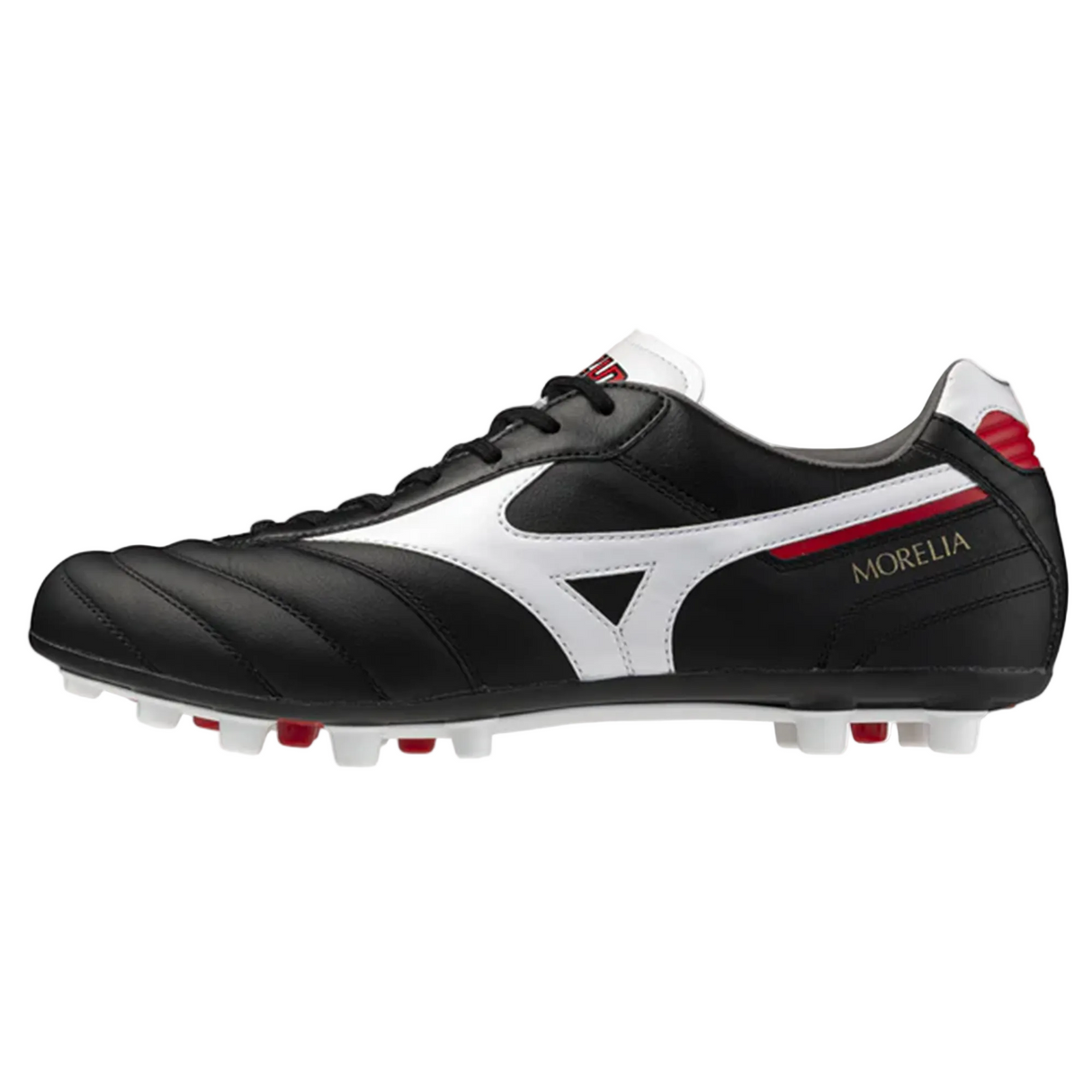 The Mizuno Morelia II Elite AG in Black/White/Red features premium kangaroo leather, white studs, red and white accents, and “MORELIA” in gold on the side.