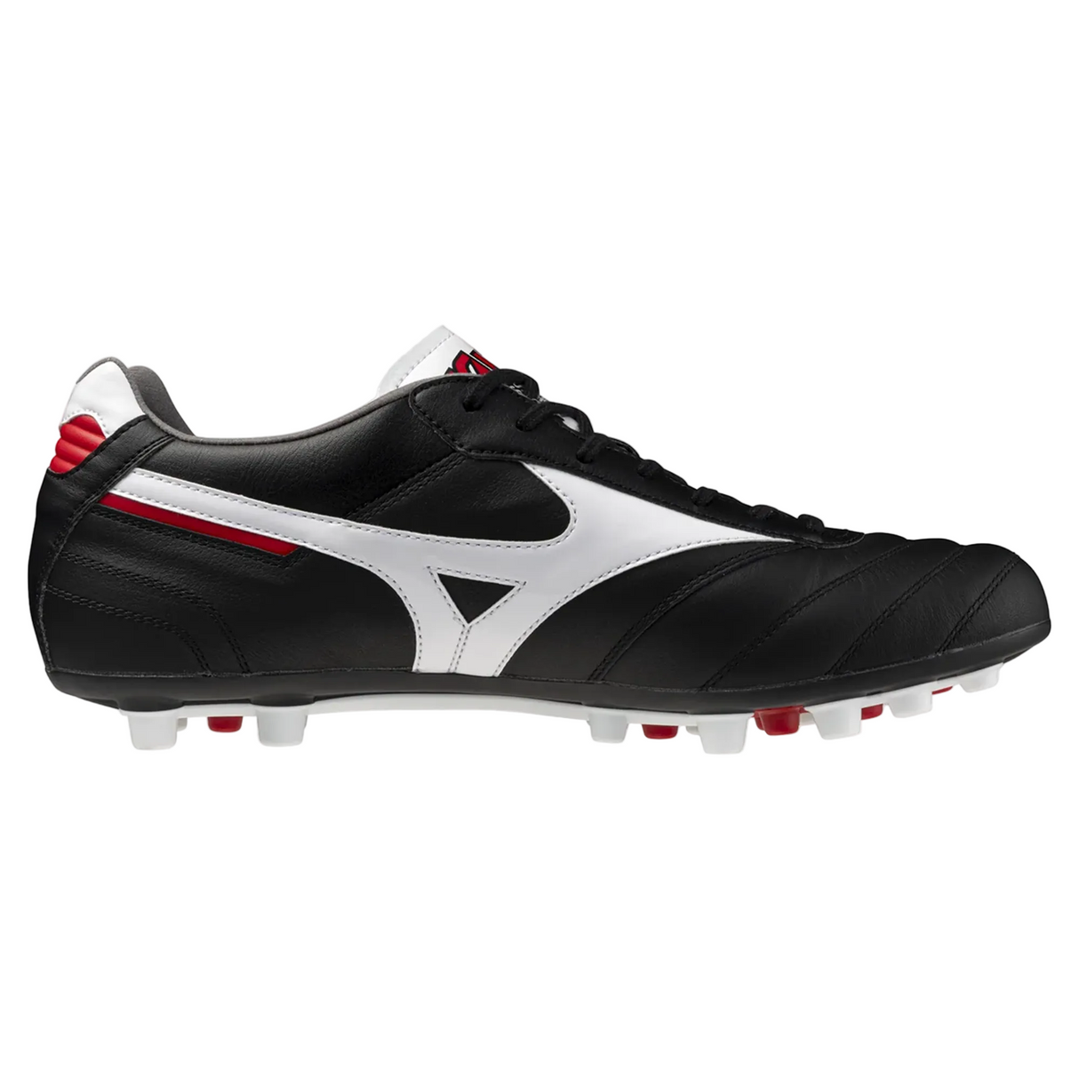 The Mizuno Morelia II Elite AG soccer cleat in black, white, and red features premium kangaroo leather and molded studs for traction.