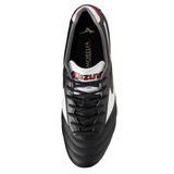 Top view of the Mizuno Morelia II Elite AG rugby boot in Black/White/Red, featuring black laces, a kangaroo leather upper, and “Mizuno” branding on the tongue.