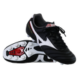 The Mizuno Morelia II Pro FG football boots in black, white, and red feature premium kangaroo leather and multiple studs, with one upright and one showing the sole, showcased on a plain white background.