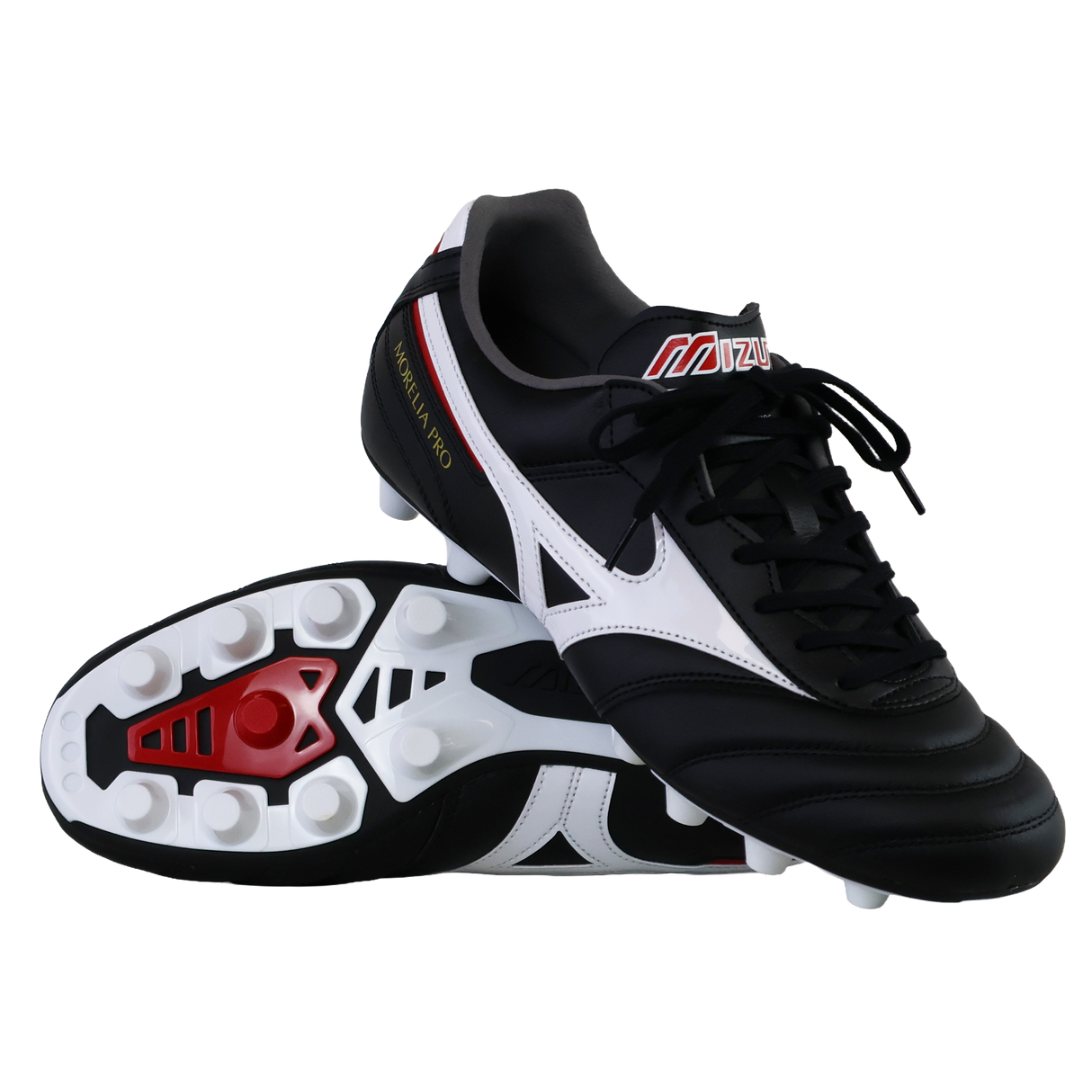 The Mizuno Morelia II Pro FG football boots in black, white, and red feature premium kangaroo leather and multiple studs, with one upright and one showing the sole, showcased on a plain white background.