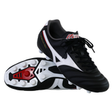 The Mizuno Morelia II Pro FG football boots in black, white, and red feature premium kangaroo leather and multiple studs, with one upright and one showing the sole, showcased on a plain white background.