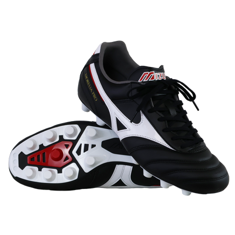 The Mizuno Morelia II Pro FG football boots in black, white, and red feature premium kangaroo leather and multiple studs, with one upright and one showing the sole, showcased on a plain white background.