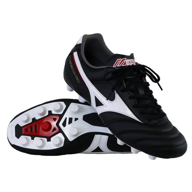 The Mizuno Morelia II Pro FG football boots in black, white, and red feature premium kangaroo leather and multiple studs, with one upright and one showing the sole, showcased on a plain white background.