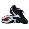 The Mizuno Morelia II Pro FG football boots in black, white, and red feature premium kangaroo leather and multiple studs, with one upright and one showing the sole, showcased on a plain white background.