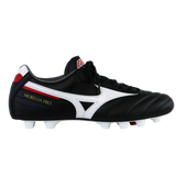 The Mizuno Morelia II Pro FG in Black/White/Red is a classic firm ground football boot with kangaroo leather, red accents, and white studs, shown side view on a plain background. Designed by Mizuno for comfort and top performance.