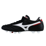 The Mizuno Morelia II Pro FG soccer cleat in black, white, and red features white studs, a lace-up design, and premium kangaroo leather. Shown against a plain white background. Brand: Mizuno.