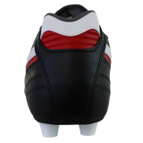 A rear view of the Mizuno Morelia II Pro FG in Black/White/Red, a firm ground football boot from Mizuno crafted for precision and comfort, featuring black kangaroo leather and distinctive white studs on the sole.