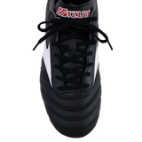 The Mizuno Morelia II Pro FG soccer cleat in black, white, and red, crafted from premium kangaroo leather by Mizuno, is shown from above with black laces against a plain white background.