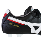 Close-up of the heel and side of a Mizuno Morelia II Pro FG cleat in black, white, and red with "Morelia Pro" printed in yellow on the heel.