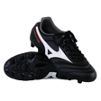 The Mizuno Morelia II Club FG - Black/White/Red soccer cleats by Mizuno, shown upright and on their side to display the studded sole, are ideal for firm ground play.