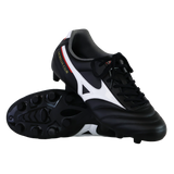 The Mizuno Morelia II Club FG - Black/White/Red soccer cleats by Mizuno, shown upright and on their side to display the studded sole, are ideal for firm ground play.