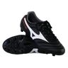 The Mizuno Morelia II Club FG - Black/White/Red soccer cleats by Mizuno, shown upright and on their side to display the studded sole, are ideal for firm ground play.