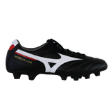The Mizuno Morelia II Club FG - Black/White/Red soccer cleat features gold "Morelia Club" branding and molded studs for firm ground traction, with a black base and white/red accents—resembling classic rugby boots.
