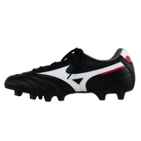 The Mizuno Morelia II Club FG - Black/White/Red soccer cleat by Mizuno features black with white and red accents, molded firm ground studs, and black laces, shown on a plain white background.