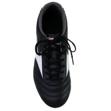 The Mizuno Morelia II Club FG soccer cleat in Black/White/Red features black laces and a padded tongue, designed for firm ground play, shown from above on a plain white background.