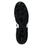 The image displays the black sole of the Mizuno Morelia II Club FG - Black/White/Red soccer cleat, featuring multiple round studs and white side detailing by Mizuno, designed for firm ground play.