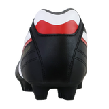 Rear view of the Mizuno Morelia II Club FG - Black/White/Red by Mizuno, a firm ground soccer cleat with molded studs for traction—perfect for players seeking lightweight performance.