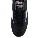 Top view of the Mizuno Morelia II Club FG - Black/White/Red soccer shoe, featuring black laces and “PROFESSIONAL” and “EST 1985” text on the tongue, designed by Mizuno for firm ground play.