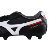 The Mizuno Morelia II Club FG - Black/White/Red is a firm ground soccer cleat from Mizuno, featuring "MORELIA CLUB" text on the side and stylish white and red accents.