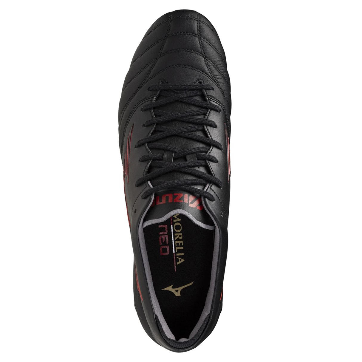Top view of the Mizuno Morelia Neo IV FG Made in Japan soccer cleat in Black/Morelia 40th Anniversary Red, featuring laces, tongue, and inner logos for a true barefoot feel.