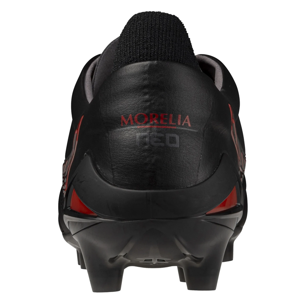 Rear view of a Mizuno Morelia Neo IV FG Made in Japan soccer cleat in black/red, with "MORELIA NEO" on the heel, celebrating Morelia's 40th Anniversary and designed for a barefoot feel on firm ground.