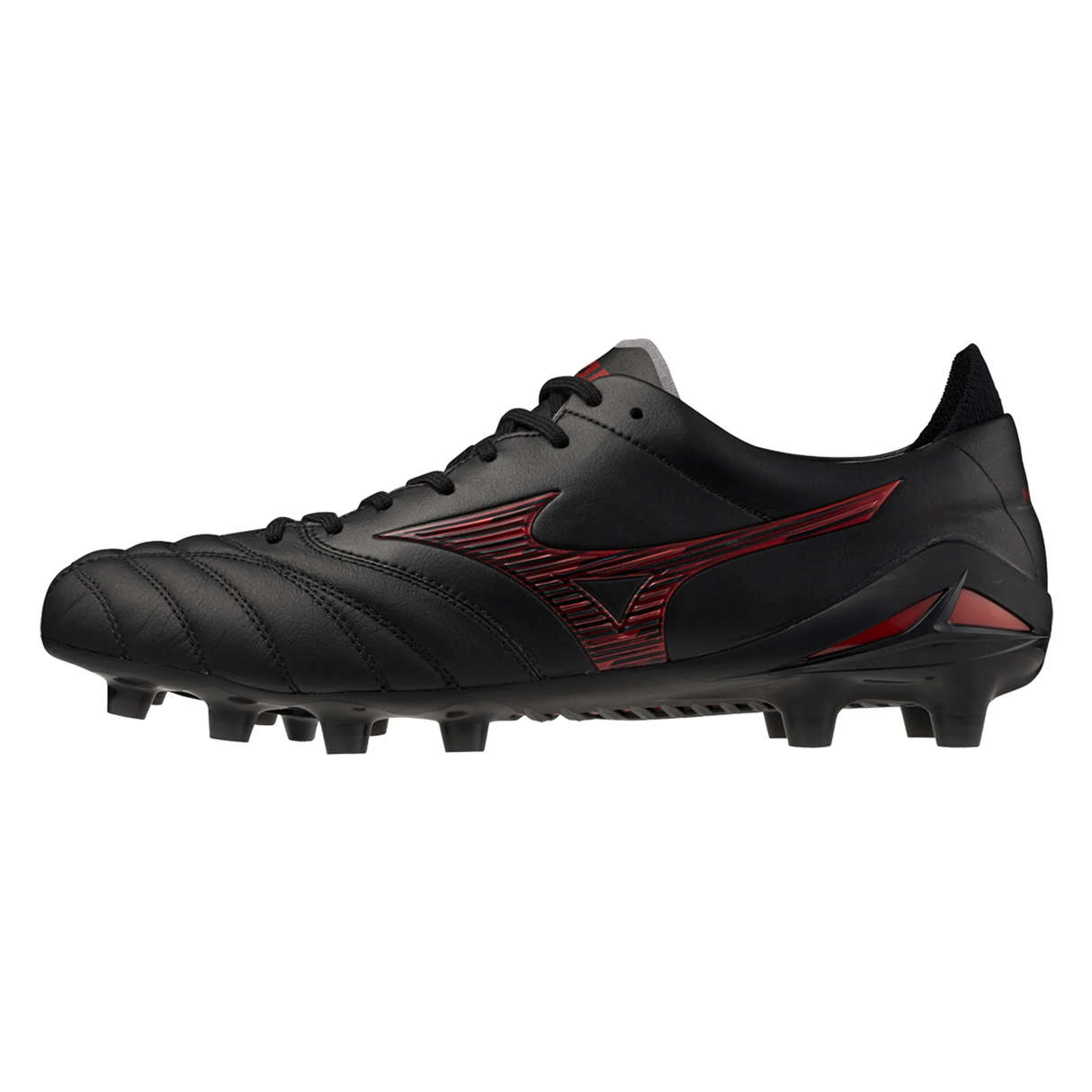 The Mizuno Morelia Neo IV FG Made in Japan - Black/Morelia 40th Anniversary Red offers a lace-up fit, molded studs for traction, and a barefoot feel—perfect for firm ground soccer enthusiasts.