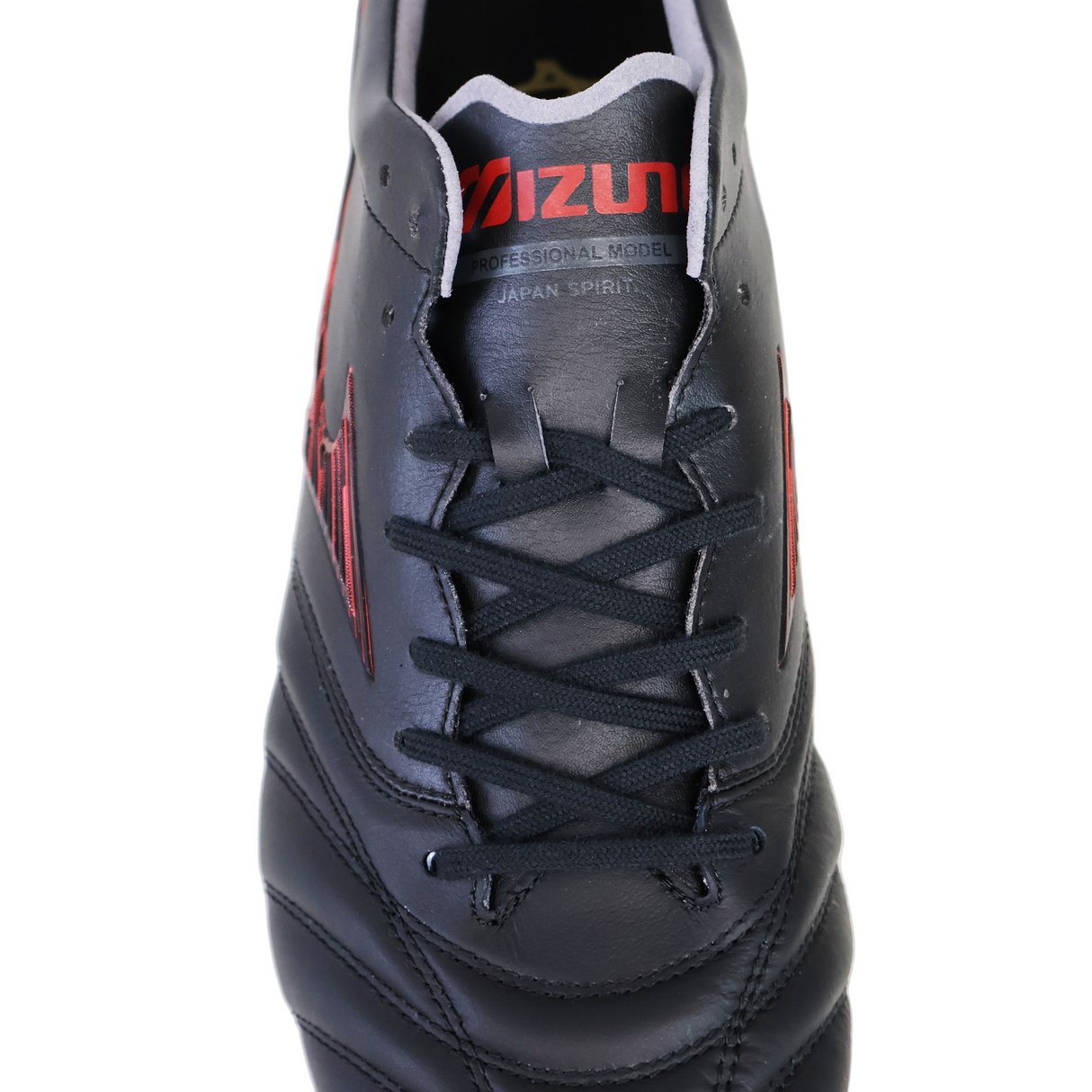 Top view of the Mizuno Morelia Neo IV FG Made in Japan - Black/Morelia 40th Anniversary Red, highlighting the laces, tongue logo, and barefoot-feel design from Mizuno.