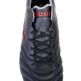 Top view of the Mizuno Morelia Neo IV FG Made in Japan - Black/Morelia 40th Anniversary Red, highlighting the laces, tongue logo, and barefoot-feel design from Mizuno.