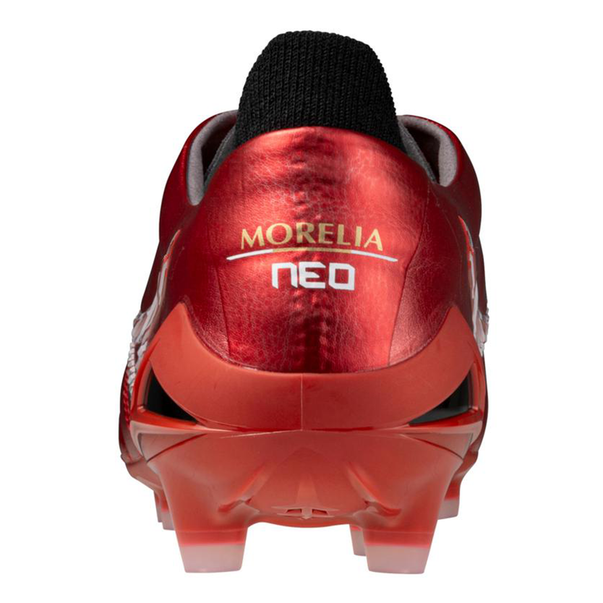 Rear view of the Mizuno Morelia Neo IV FG Made in Japan, a red 40th Anniversary firm ground cleat with "MORELIA NEO" in gold and white on the heel, designed for a barefoot feel. Brand: Mizuno.