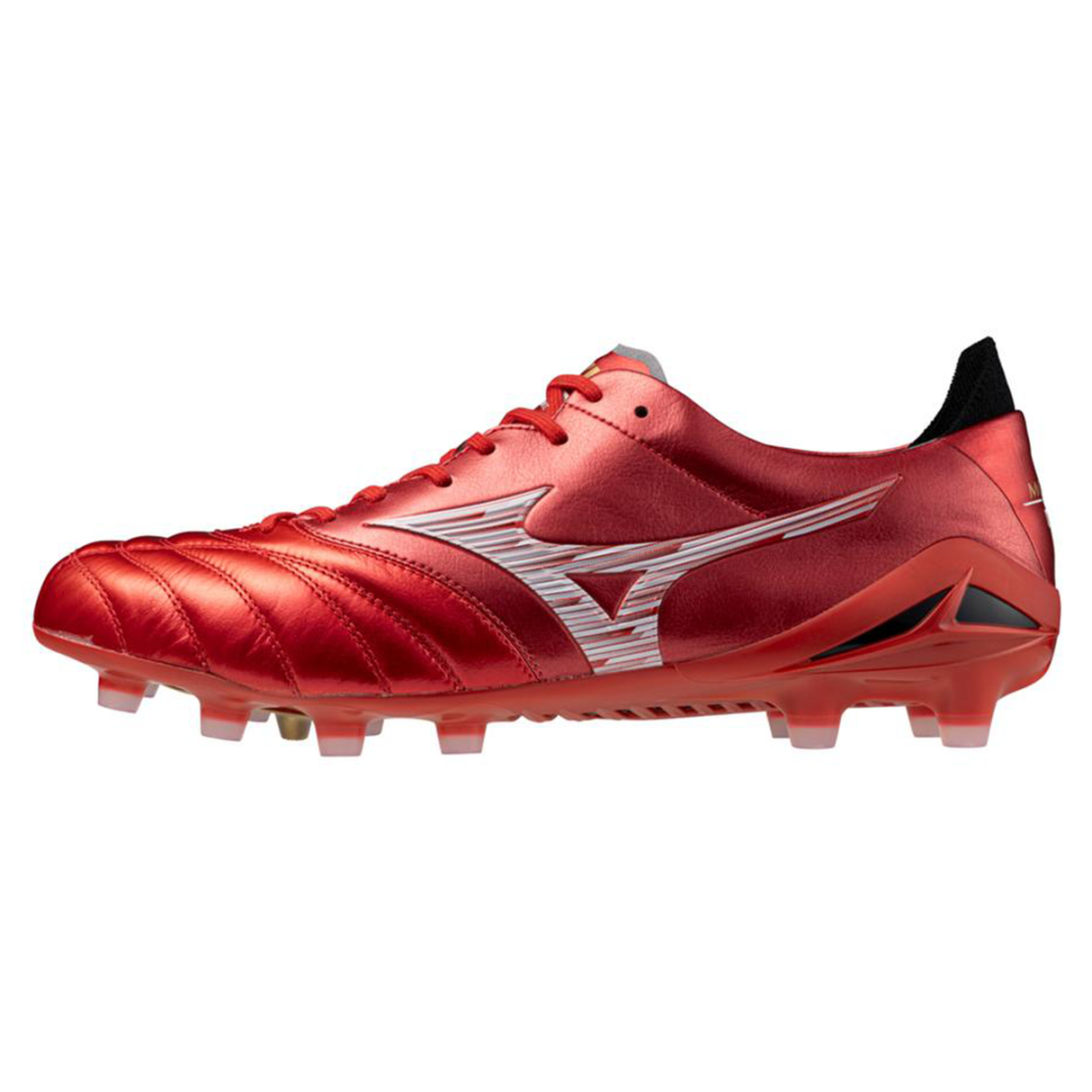 The Mizuno Morelia Neo IV FG Made in Japan - Morelia 40th Anniversary Red/White/Black offers a barefoot feel with molded studs—ideal for firm ground players seeking responsive Mizuno soccer cleats.