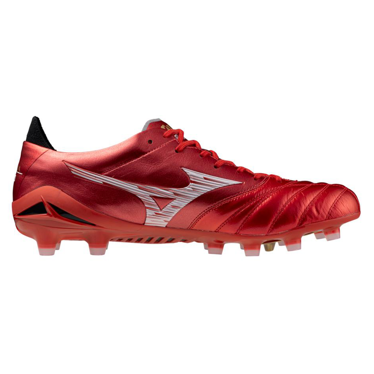 The Mizuno Morelia Neo IV FG Made in Japan - Morelia 40th Anniversary Red/White/Black soccer cleat features firm ground molded studs, a red upper with white accents, black heel detail, and is shown in a side profile view.