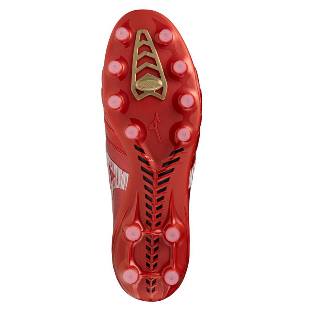 The Mizuno Morelia Neo IV FG Made in Japan - Morelia 40th Anniversary Red/White/Black soccer cleat features a sole with multiple round studs and gold detail, designed for a barefoot feel and enhanced traction on firm ground.