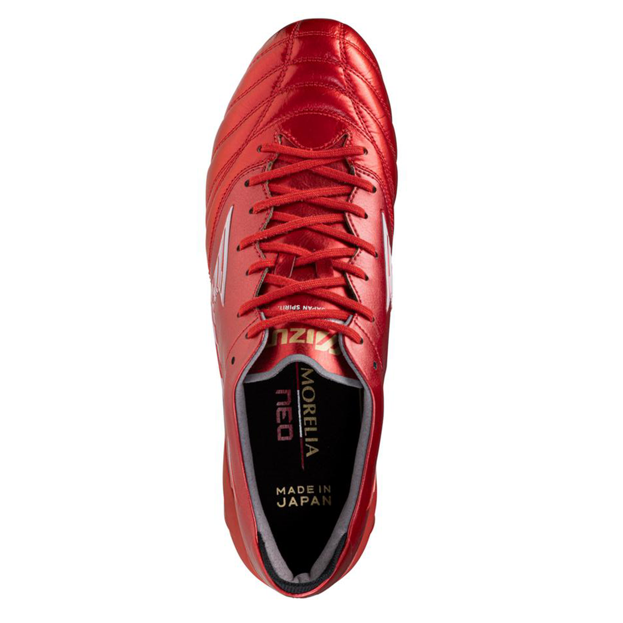 A top view of the Mizuno Morelia Neo IV FG Made in Japan - Morelia 40th Anniversary Red/White/Black highlights its red design and "MADE IN JAPAN" insole, offering a barefoot feel for firm ground play.