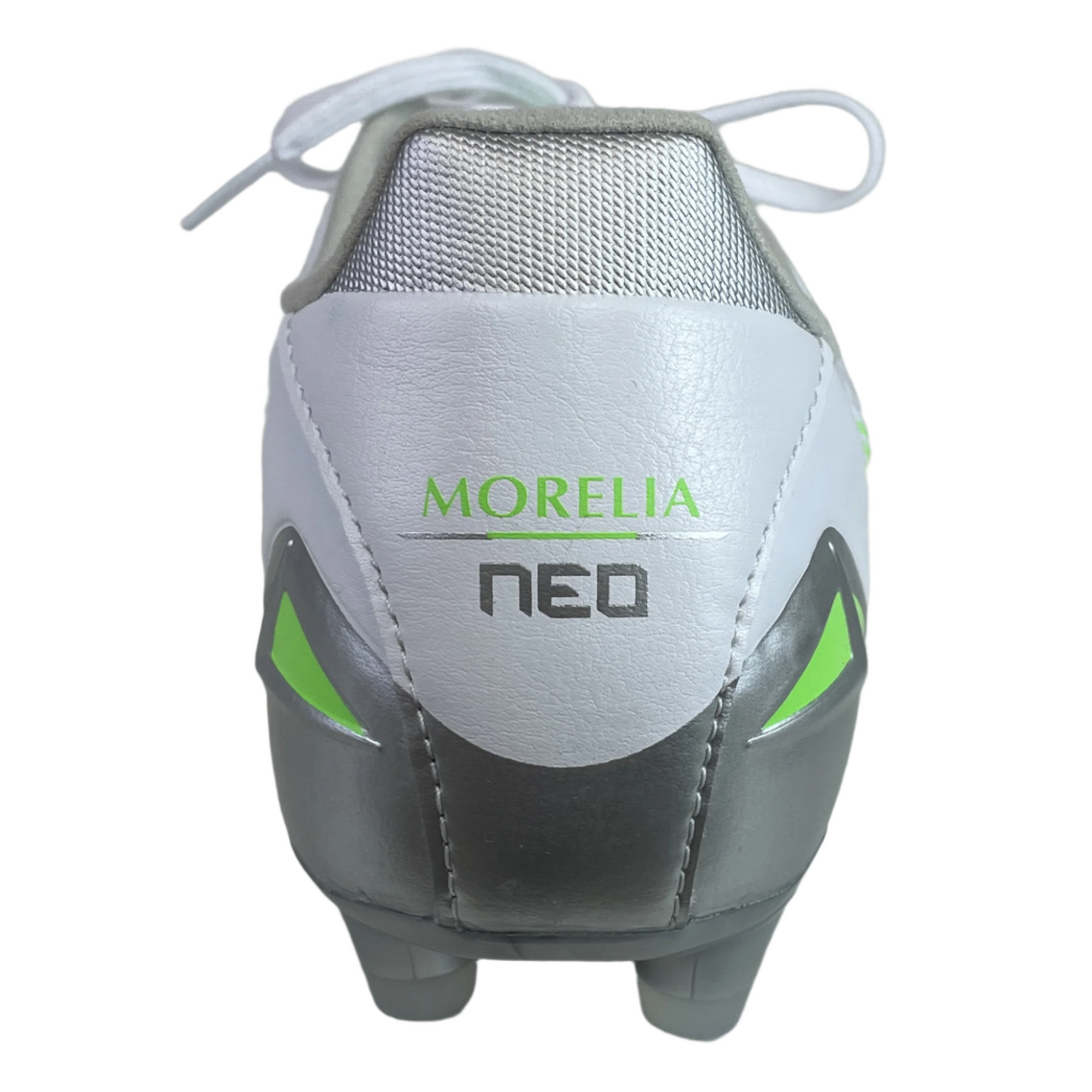 Close-up of the Mizuno Morelia Neo IV Pro FG soccer cleat in White/Green Gecko, showing "MORELIA NEO" text in green and gray, neon green accents, and premium Kangaroo Leather for a barefoot feel.