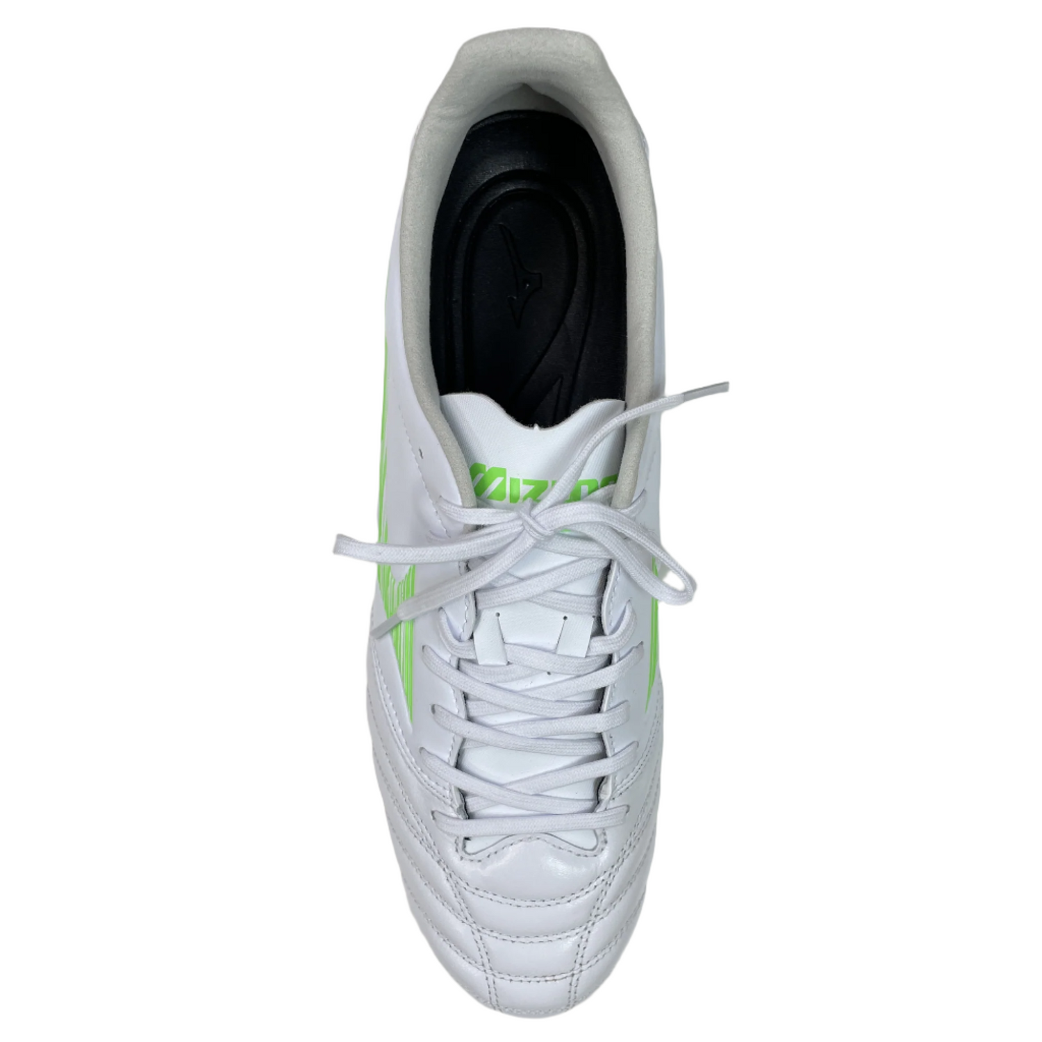 The Mizuno Morelia Neo IV Pro FG in White/Green Gecko features light green accents, visible laces, a black insole, and premium kangaroo leather for a barefoot feel, shown here from a top-down view.