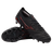 A pair of Mizuno Morelia Neo IV Beta FG Made in Japan soccer cleats in Black/Morelia 40th Anniversary Red; one shoe is upright, the other on its side, showing the studded sole and premium kangaroo leather upper.