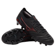 A pair of Mizuno Morelia Neo IV Beta FG Made in Japan soccer cleats in Black/Morelia 40th Anniversary Red; one shoe is upright, the other on its side, showing the studded sole and premium kangaroo leather upper.