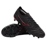 A pair of Mizuno Morelia Neo IV Beta FG Made in Japan soccer cleats in Black/Morelia 40th Anniversary Red; one shoe is upright, the other on its side, showing the studded sole and premium kangaroo leather upper.