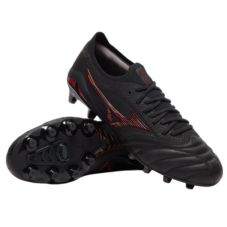 A pair of Mizuno Morelia Neo IV Beta FG Made in Japan soccer cleats in Black/Morelia 40th Anniversary Red; one shoe is upright, the other on its side, showing the studded sole and premium kangaroo leather upper.